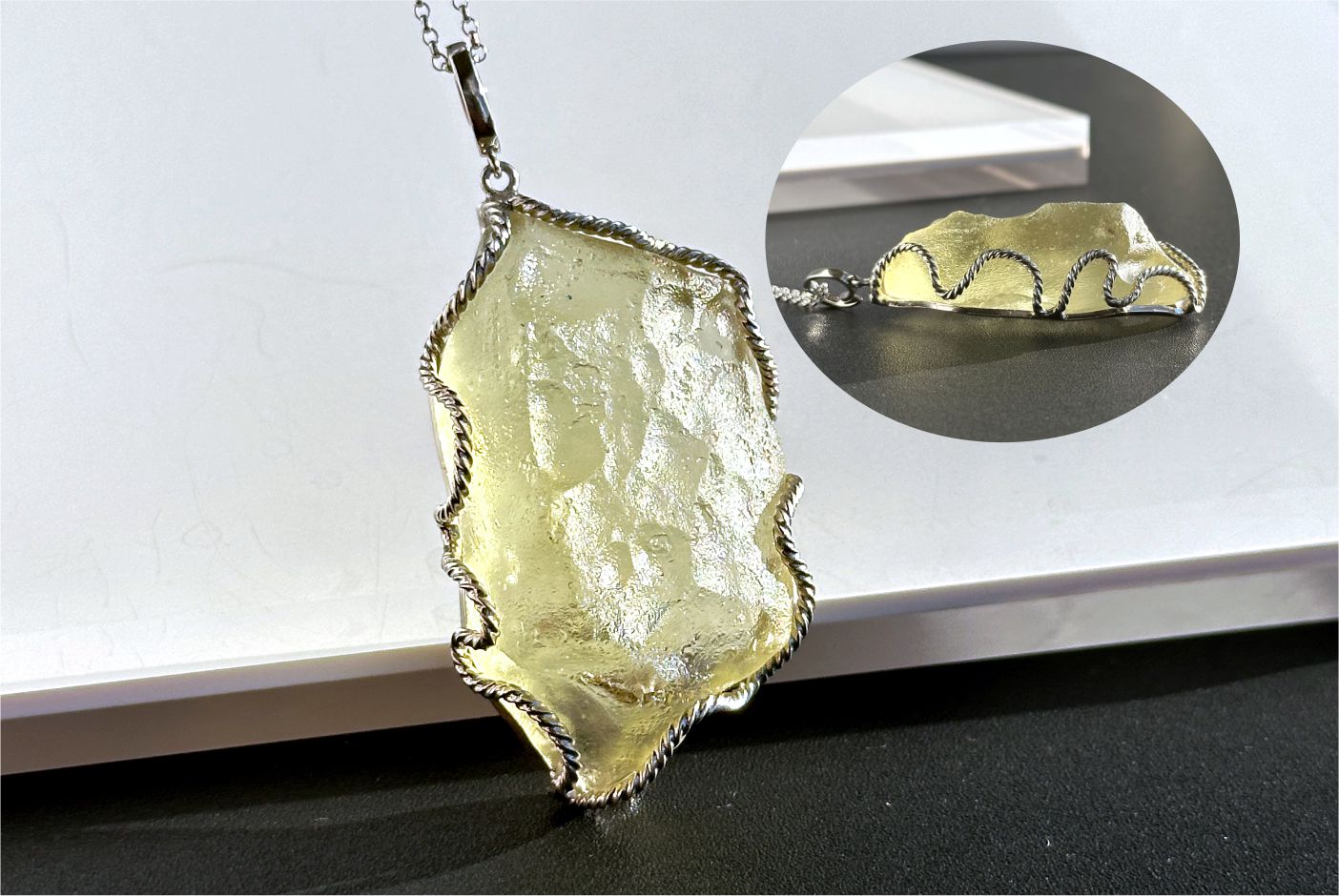 27.785Grams, Natural Authentic Libyan Desert Glass Tektite Silver Wrapped Pendant, Raw Libyan Desert Glass Pendant, 天然利比亚黄金陨石原石吊坠