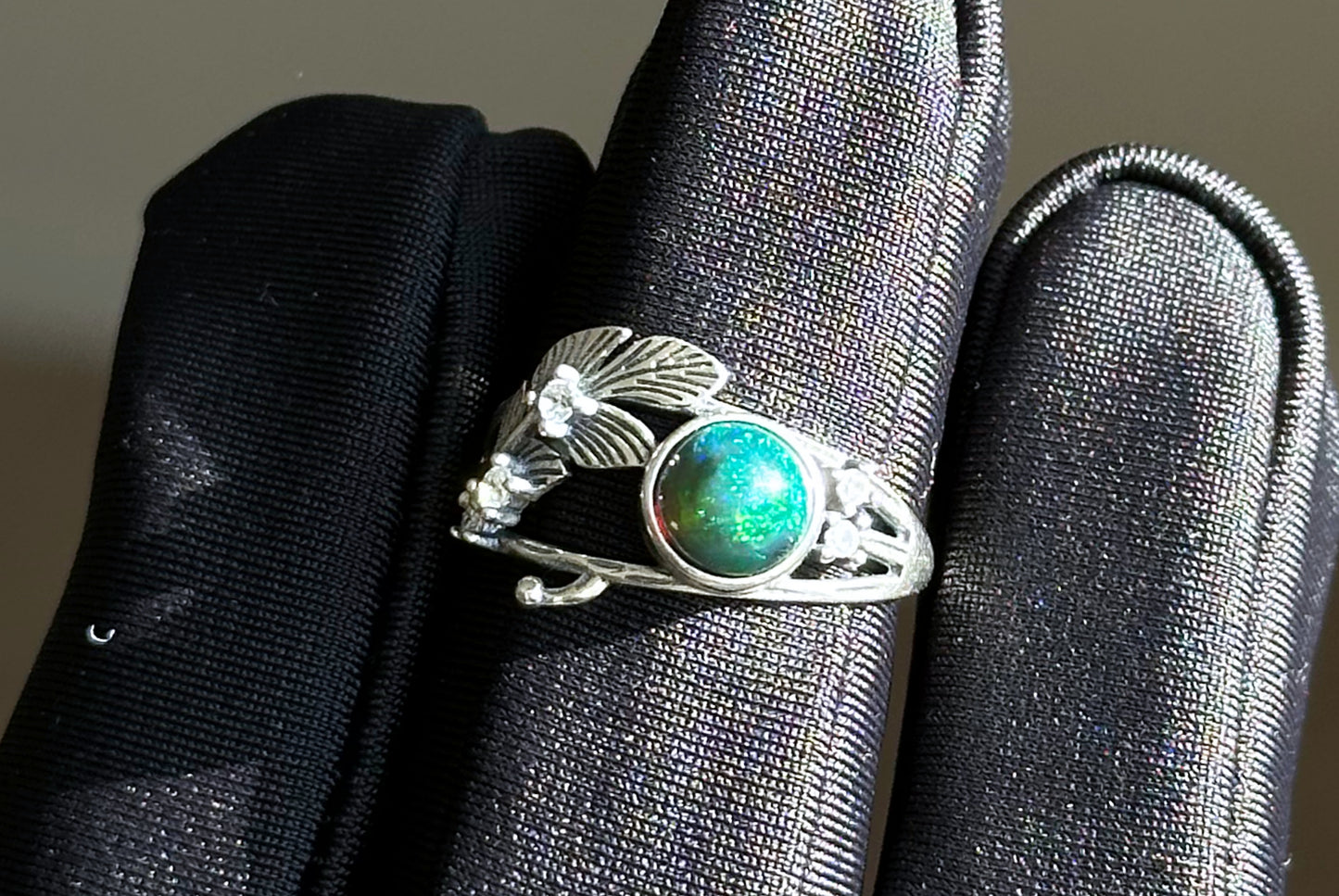 Certified Natural Black Opal Sterling Silver Ring, Genuine natural Black Opal Silver Ring, Black Opal Ring, 天然黑欧珀戒指