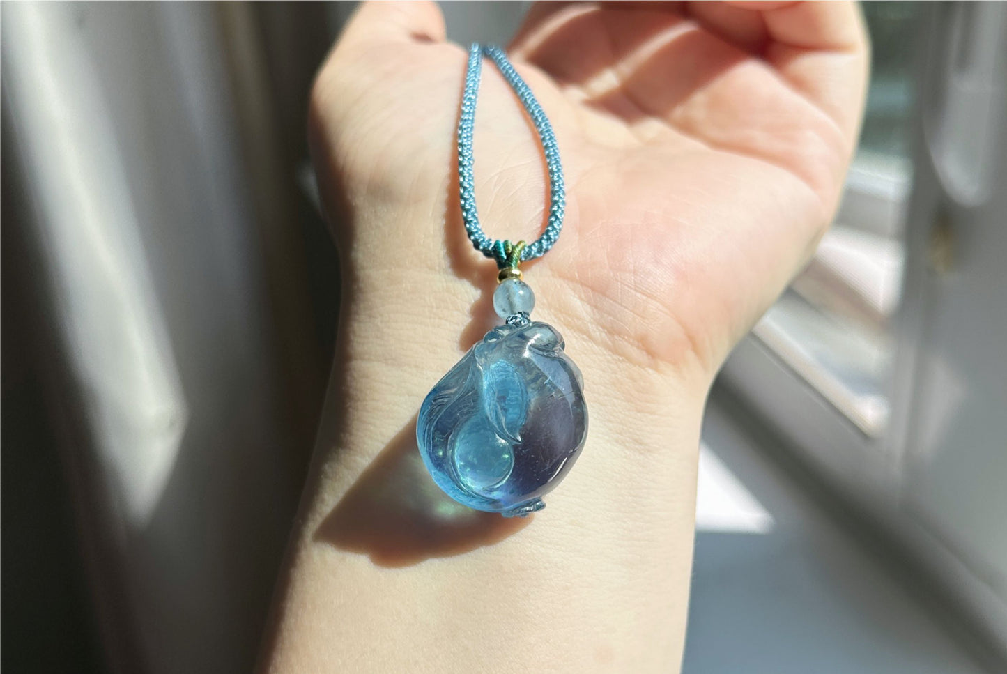 Certified Natural Devil Blue Aquamarine Hand Carved Fox Pendant, Aquamarine Pendant, 天然魔鬼蓝海蓝宝手工雕刻睡狐吊坠