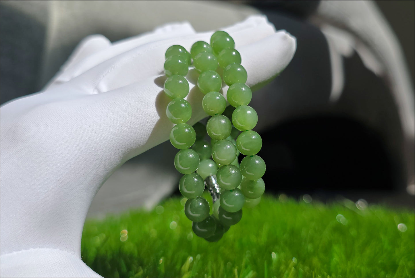 8mm, Certified Natural Siberian Green Nephrite Jade Beads Bracelet, 天然阳绿碧玉项链
