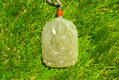 Certified Natural Qingshui Nephrite Jade Carved Guanyin Pendant, 天然晴水和田玉观音吊坠