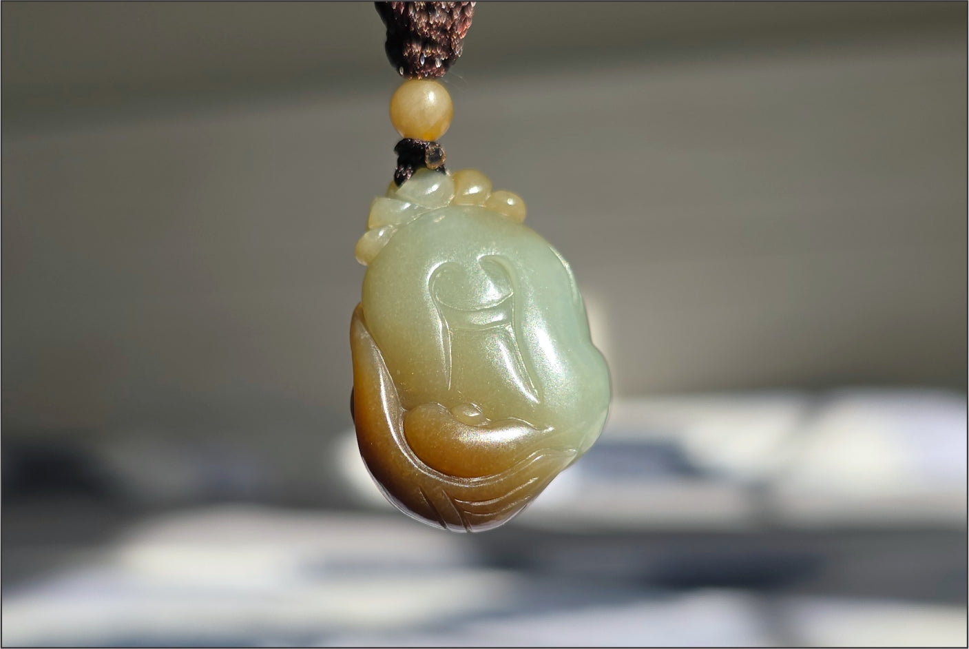 Certified Natural Blue and Sugar Nephrite Jade Hand-Carved Caishen and Buddha  Pendant | Small Handmade Jade God of Wealth | 天然蓝带糖玉手工雕刻财神吊坠