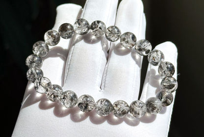 8.7mm+, Certified Natural High Grade Herkimer Diamond Round Beads Bracelet, Herkimer Diamond Bracelet, 天然最高级近无棉纯净体大闪片闪灵钻圆珠手串