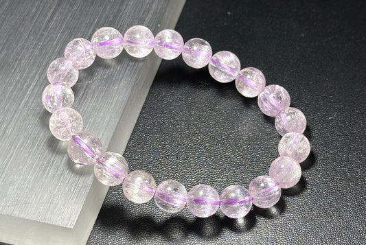 9mm, Certified Natural High Grade Icy Transparent Cat Eye Kunzite Bracelet, Genuine Kunzite Stretch Bracelet. 天然拉丝猫眼高冰紫锂辉手串
