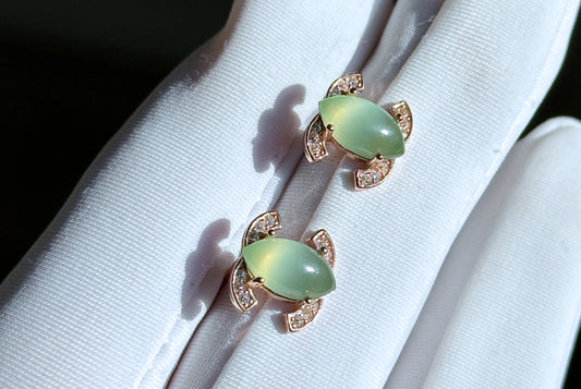 Certified Siberian Cat eye Green Nephrite Jade Sterling Silver Stud Earrings, Silver Green Nephrite Studs, 天然俄料粉绿猫眼碧玉纯银耳钉