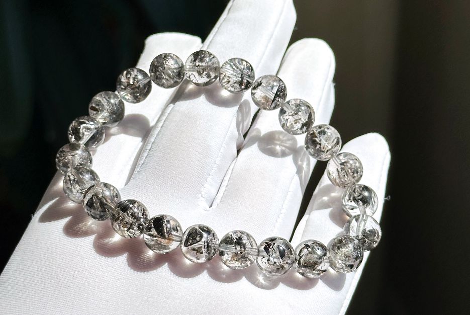 8.7mm+, Certified Natural High Grade Herkimer Diamond Round Beads Bracelet, Herkimer Diamond Bracelet, 天然最高级近无棉纯净体大闪片闪灵钻圆珠手串