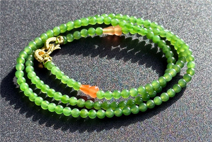 4mm, Certified Natural Apple Green Nephrite Jade Bead Necklace, 正矿苹果绿碧玉项链