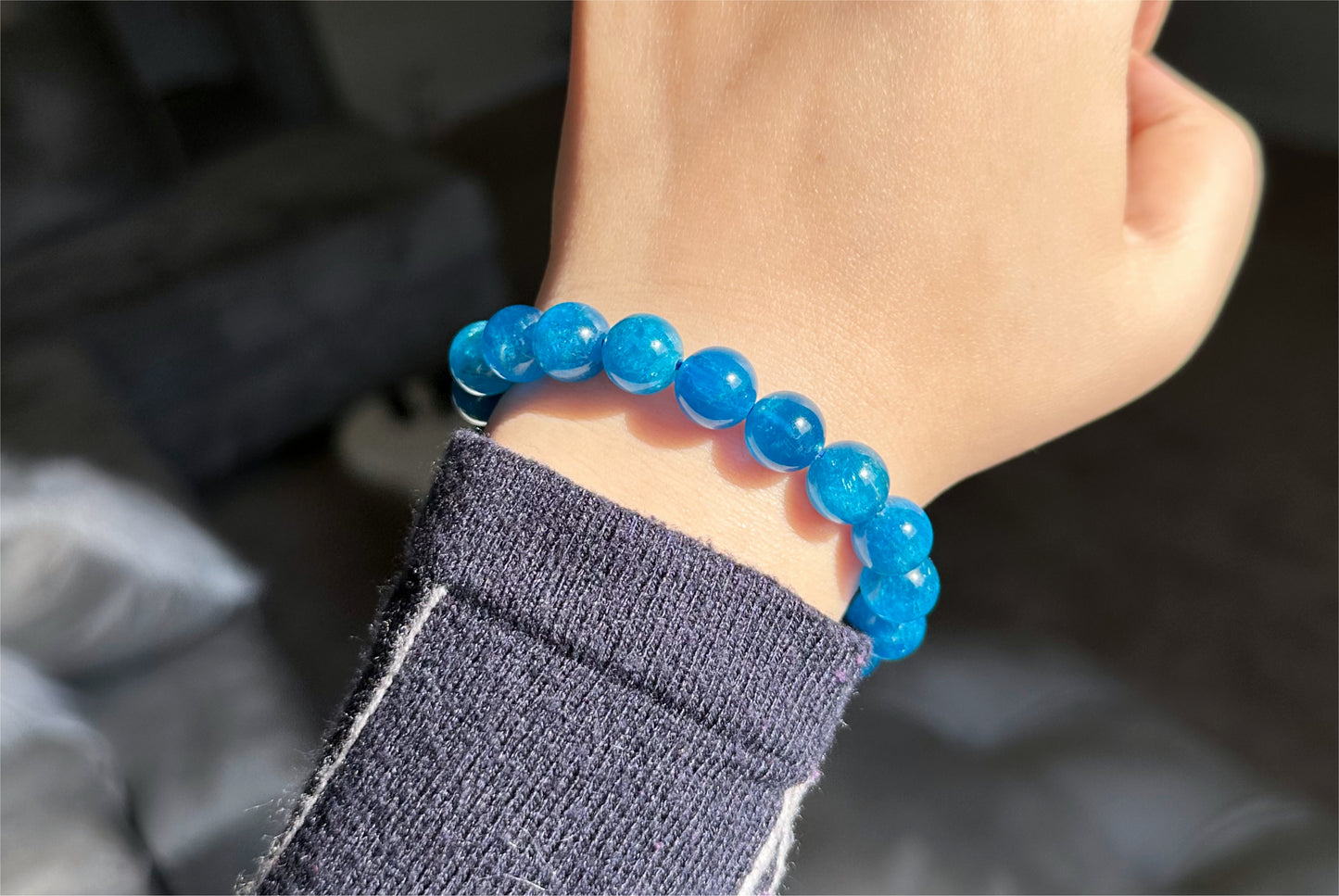 10.5mm+, Certified Natural Rich Deep Blue Apatite Bracelet, Natural Untreated Shimmering Blue Apatite Bracelet, AAA, 天然浓郁色蓝磷灰石手串