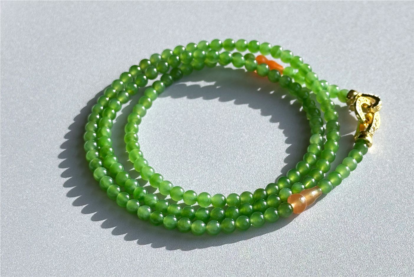 4mm, Certified Natural Apple Green Nephrite Jade Bead Necklace, 正矿苹果绿碧玉项链