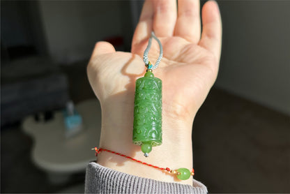 Certified Natural Spinach Green Nephrite Jade Carved Barrel-shaped Pendant，天然阳菠菜绿碧玉桶珠吊坠