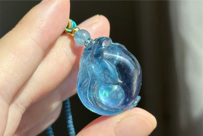Certified Natural Devil Blue Aquamarine Hand Carved Fox Pendant, Aquamarine Pendant, 天然魔鬼蓝海蓝宝手工雕刻睡狐吊坠