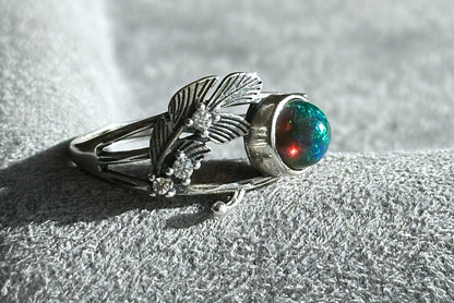 Certified Natural Black Opal Sterling Silver Ring, Genuine natural Black Opal Silver Ring, Black Opal Ring, 天然黑欧珀戒指