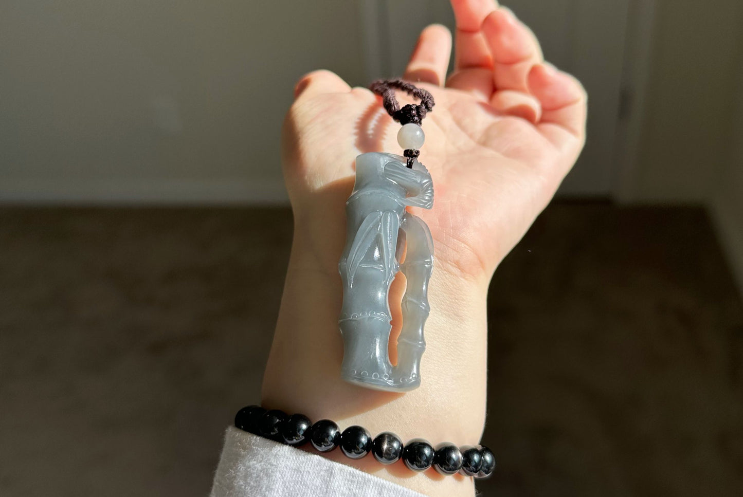 Certified Natural Smoky Purple Nephrite Jade Hand-Carved Bamboo Shoot Pendant, 天然浓烟紫和田玉手工雕刻竹节吊坠