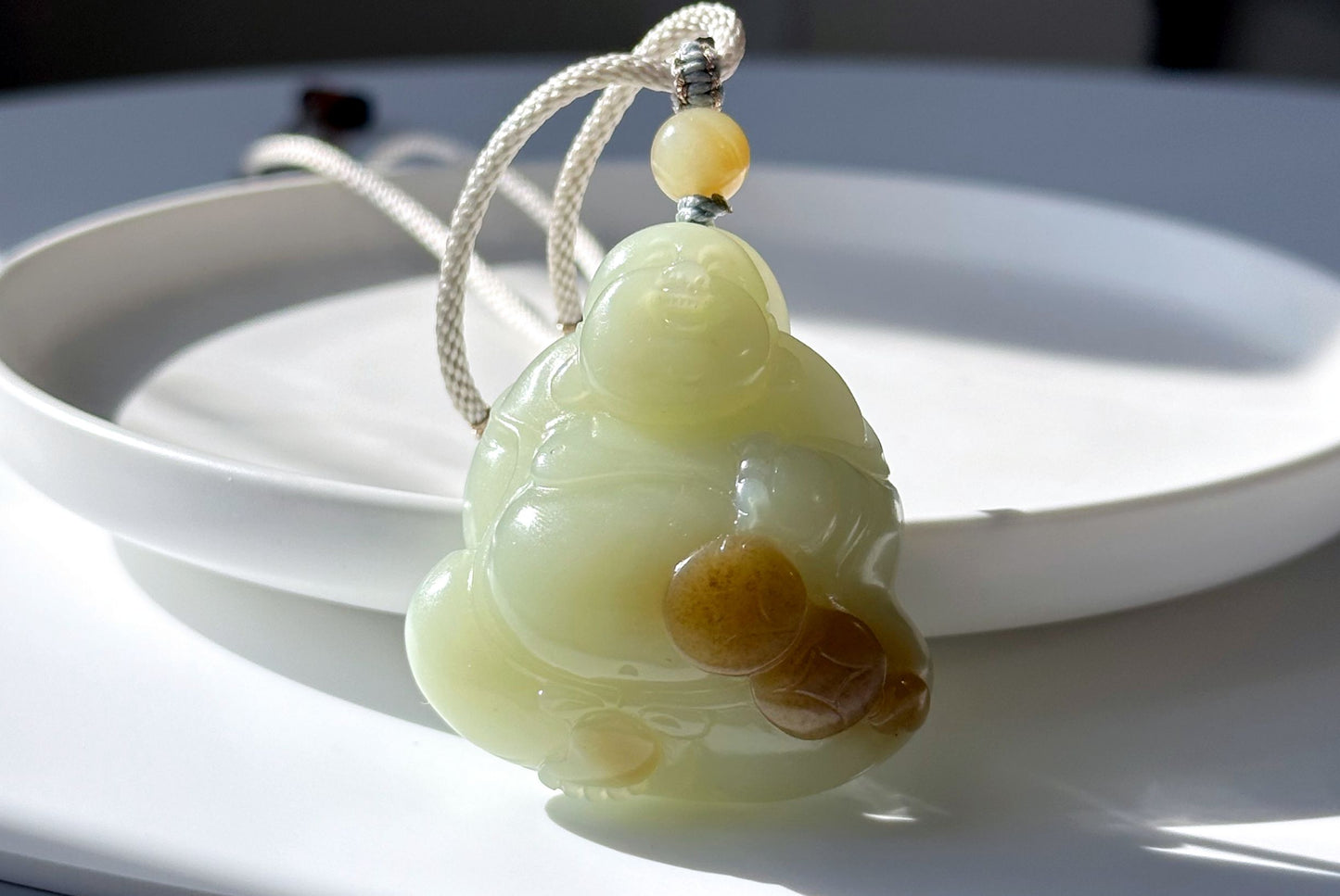 Certified Natural High-Quality Ruoqiang Yellow and Sugar Nephrite Jade Hand-Carved Maitreya Buddha Pendant, 天然若羌黄口带糖和田玉手工雕刻弥勒佛