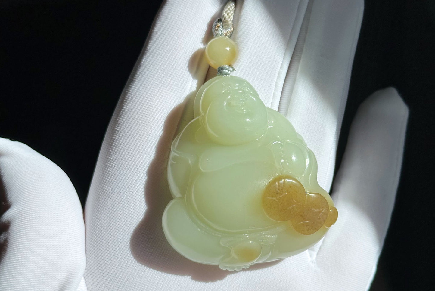 Certified Natural High-Quality Ruoqiang Yellow and Sugar Nephrite Jade Hand-Carved Maitreya Buddha Pendant, 天然若羌黄口带糖和田玉手工雕刻弥勒佛