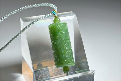 Certified Natural Spinach Green Nephrite Jade Carved Barrel-shaped Pendant，天然阳菠菜绿碧玉桶珠吊坠