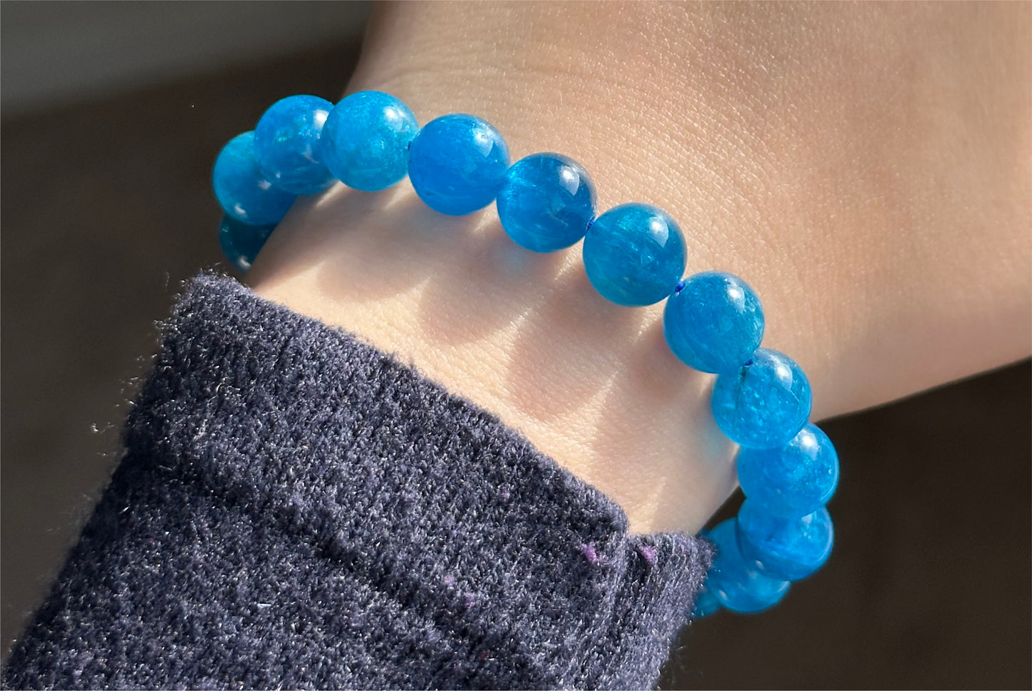 10.5mm+, Certified Natural Rich Deep Blue Apatite Bracelet, Natural Untreated Shimmering Blue Apatite Bracelet, AAA, 天然浓郁色蓝磷灰石手串