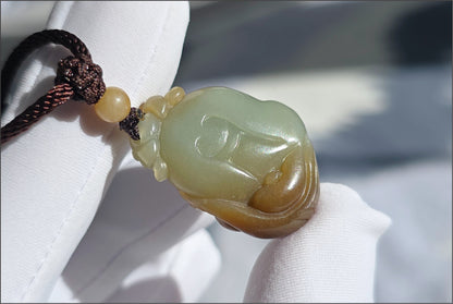Certified Natural Blue and Sugar Nephrite Jade Hand-Carved Caishen and Buddha  Pendant | Small Handmade Jade God of Wealth | 天然蓝带糖玉手工雕刻财神吊坠