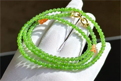4mm, Certified Natural Apple Green Nephrite Jade Bead Necklace, 正矿苹果绿碧玉项链