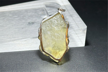 27.785Grams, Natural Authentic Libyan Desert Glass Tektite Silver Wrapped Pendant, Raw Libyan Desert Glass Pendant, 天然利比亚黄金陨石原石吊坠