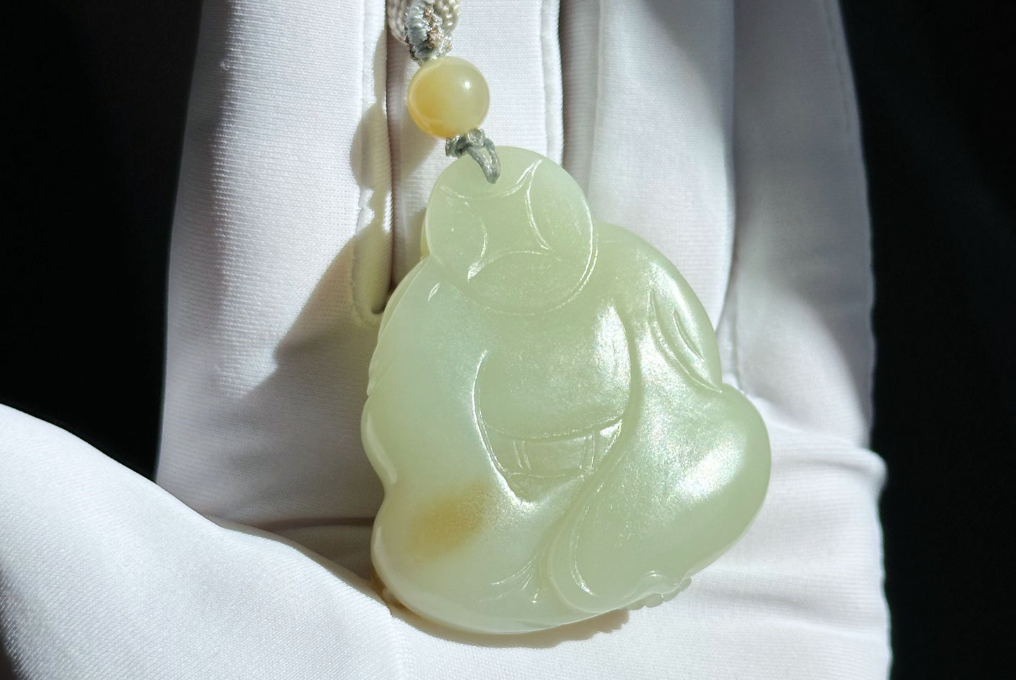Certified Natural High-Quality Ruoqiang Yellow and Sugar Nephrite Jade Hand-Carved Maitreya Buddha Pendant, 天然若羌黄口带糖和田玉手工雕刻弥勒佛