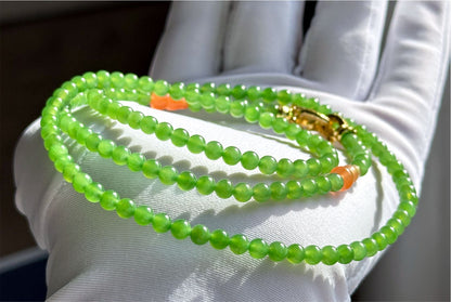 4mm, Certified Natural Apple Green Nephrite Jade Bead Necklace, 正矿苹果绿碧玉项链