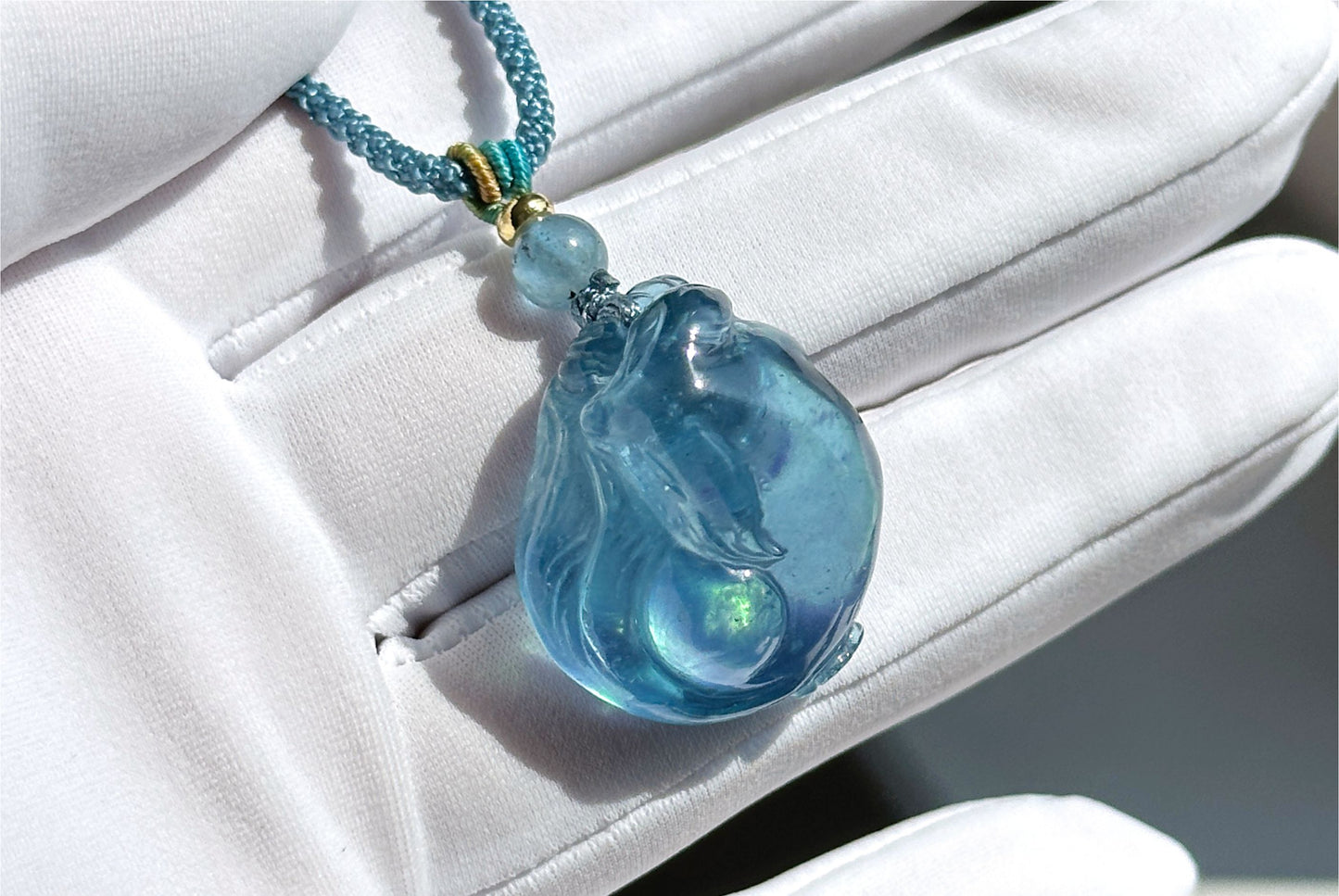Certified Natural Devil Blue Aquamarine Hand Carved Fox Pendant, Aquamarine Pendant, 天然魔鬼蓝海蓝宝手工雕刻睡狐吊坠