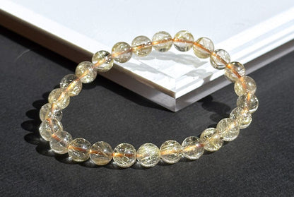 7.6mm+, Certified High Grade Natural gold rutilated quartz bracelet, Genuine Gold Rutilated Quartz, Rutilated Quartz bracelet, 天然白水体金发晶手串