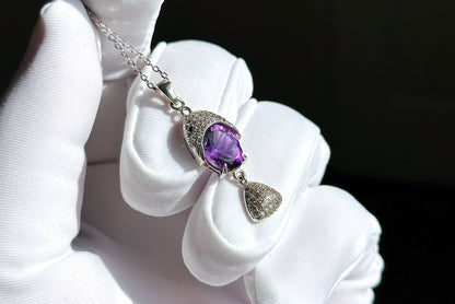 Natural Amethyst Pendant, Unheated Brazil Amethyst S925 Sterling Silver Pendant Necklace, 巴西天然紫晶纯银吊坠