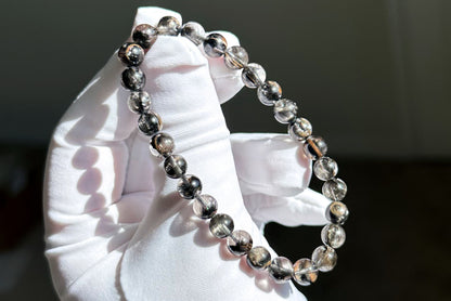 6.5mm+, Certified Rare Natural Top Grade Black Brookite Rutilated quartz Beads Bracelet, Silver Brookite in quartz bracelet, 收藏级黑银钛晶手串