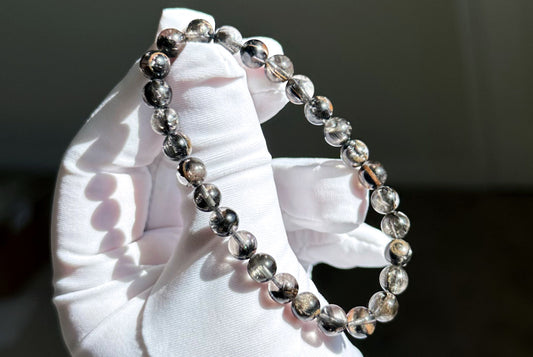 6.5mm+, Certified Rare Natural Top Grade Black Brookite Rutilated quartz Beads Bracelet, Silver Brookite in quartz bracelet, 收藏级黑银钛晶手串