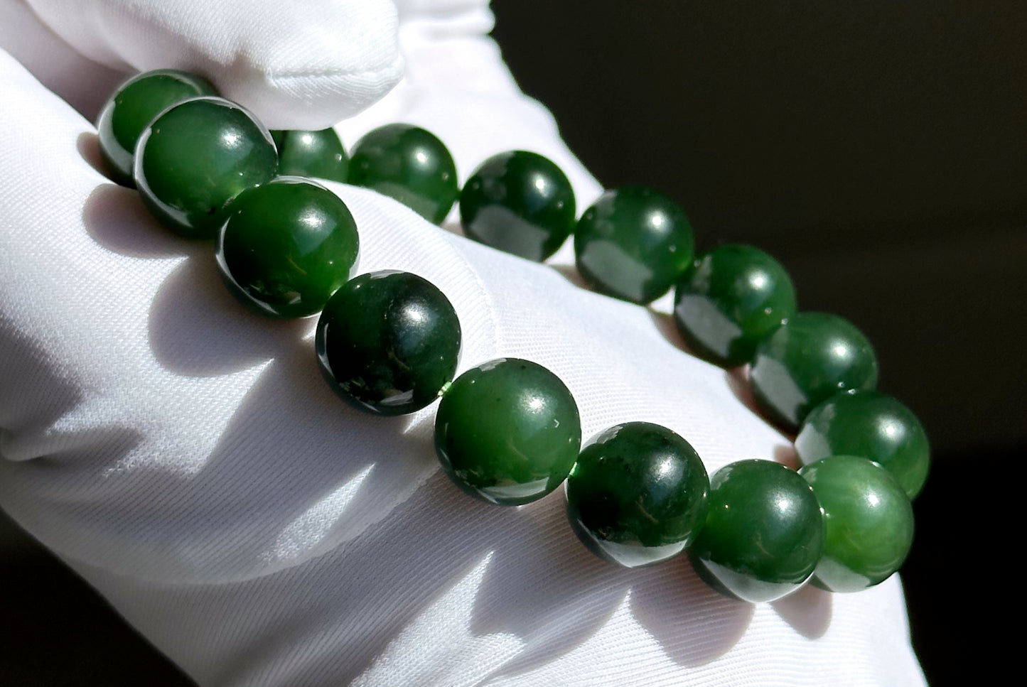 12mm, Certified Natural Rich Spinach Green Nephrite Jade Bead Bracelet, 天然俄老油菠菜绿碧玉手串