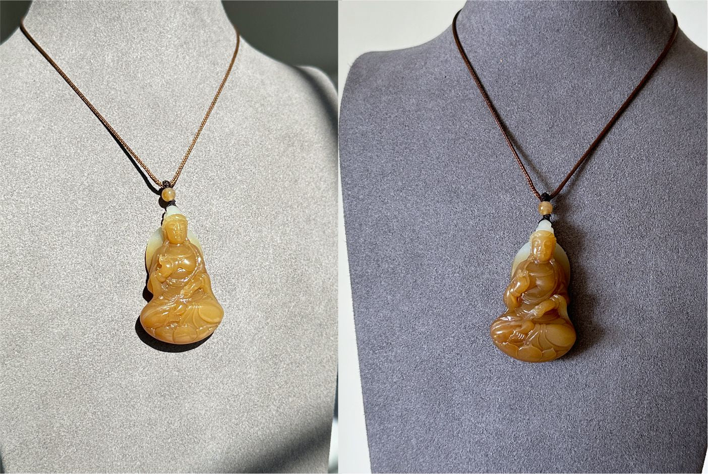 Certified Natural Golden Sugar-White Nephrite Jade Guanyin Pendant – Hand-Carved, 天然黄金糖白玉手工雕刻观音吊坠