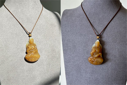 Certified Natural Golden Sugar-White Nephrite Jade Guanyin Pendant – Hand-Carved, 天然黄金糖白玉手工雕刻观音吊坠