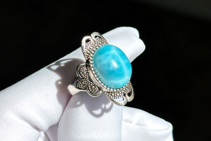 Natural Dominican High Quality Blue Larimar Silver Ring, Natural Larimar Ring, Silver Blue Larimar Ring, 天然高品质海纹石纯银戒指