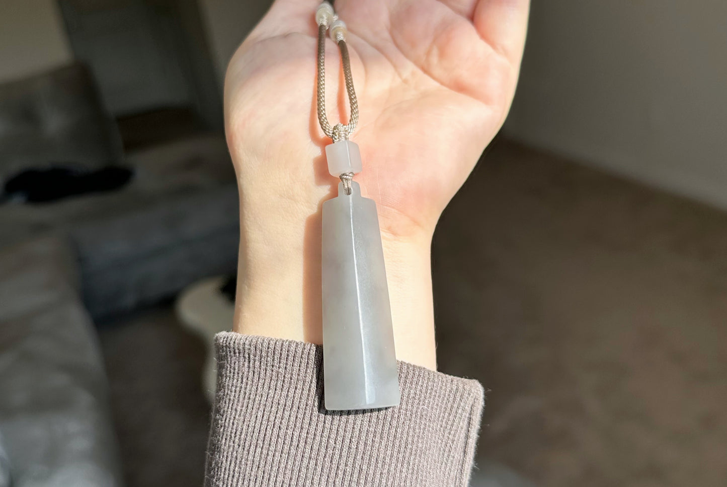 Certified Natural Smoky Gray Nephrite Jade Carved Triangle-Bar Pendant, 天然烟灰和田玉吊坠