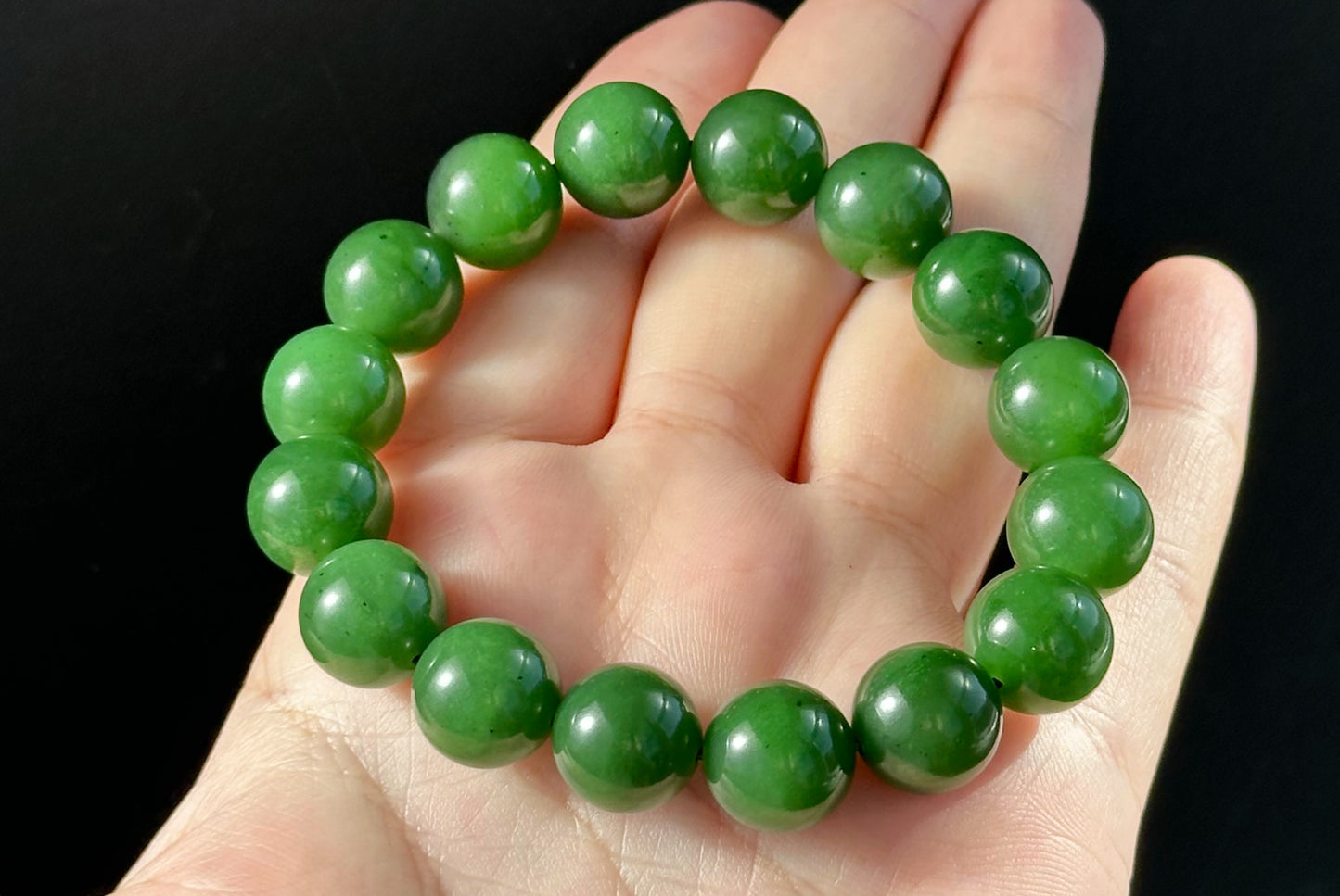 12mm, Certified Natural Untreated Green Nephrite Jade Beads Bracelet, 天然阳绿碧玉手串