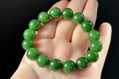 12mm, Certified Natural Untreated Green Nephrite Jade Beads Bracelet, 天然阳绿碧玉手串