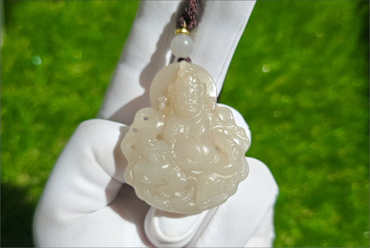 Certified Natural High Quality Lotus Pink Nephrite Jade Carved ellow Dzambhala Pendant, 天然藕粉和田玉雕刻黄财神吊坠