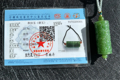 Certified Natural Spinach Green Nephrite Jade Carved Barrel-shaped Pendant，天然阳菠菜绿碧玉桶珠吊坠