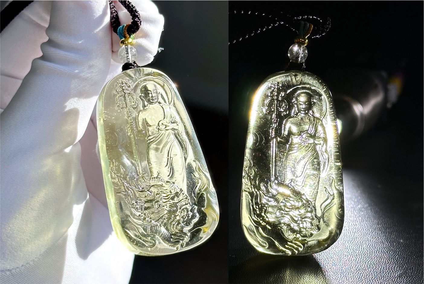 30.435 grams, Natural Top Grade High Clarity Authentic Libyan Desert Glass Tektite Carved Ksitigarbha Bodhisattva Pendant, 天然透体利比亚陨石雕刻地藏王菩萨吊坠