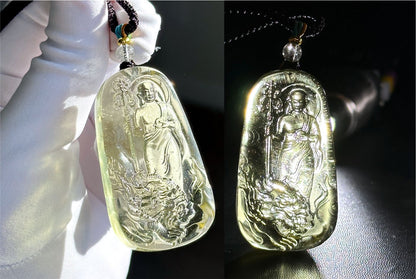 30.435 grams, Natural Top Grade High Clarity Authentic Libyan Desert Glass Tektite Carved Ksitigarbha Bodhisattva Pendant, 天然透体利比亚陨石雕刻地藏王菩萨吊坠