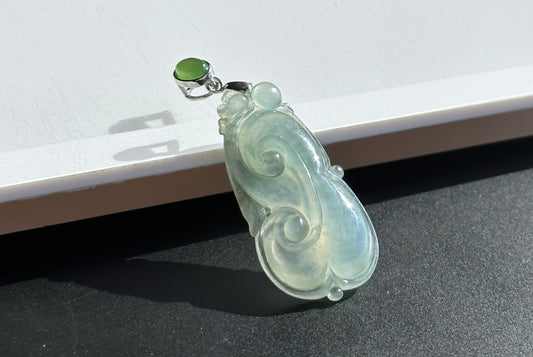 Certified Genuine Grade A Icy Jadeite Jade Carved Ruyi Pendant, Type A Jadeite Ruyi Pendant, 天然A货冰种翡翠雕刻如意吊坠
