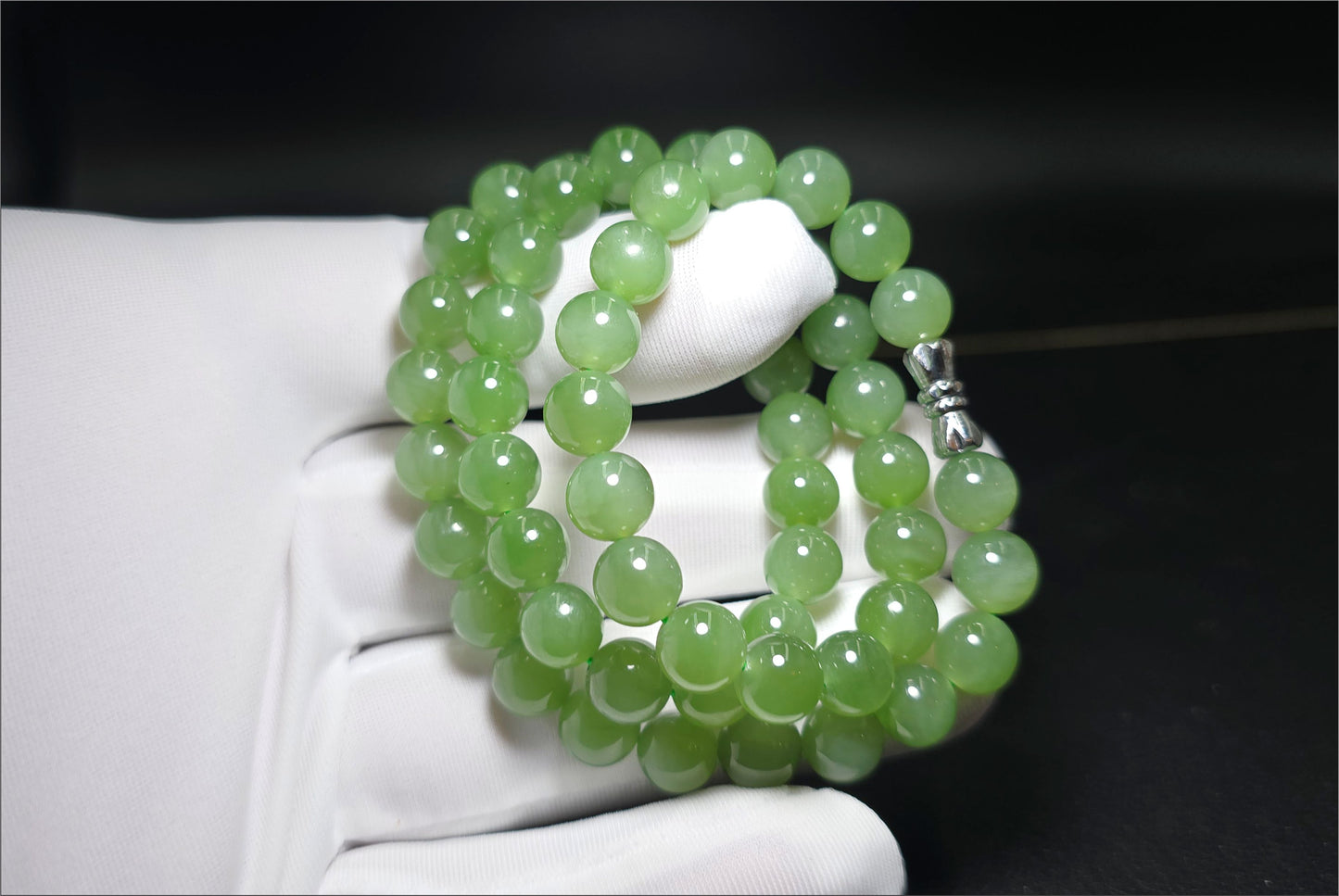 8mm, Certified Natural Siberian Green Nephrite Jade Beads Bracelet, 天然阳绿碧玉项链