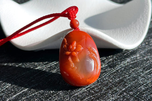 Certified Natural High Grade Untreated Nanhong Agate Hand Carved Lotus and Koi Fish Pendant, 天然无优化川火焰红俏柿子红南红手雕莲花鱼吊坠