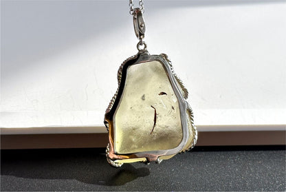 15.642Grams, Natural Authentic Raw Libyan Desert Glass Tektite Silver Wrapped Pendant, 天然利比亚黄金陨石原石吊坠