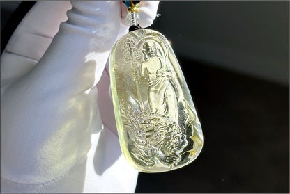 30.435 grams, Natural Top Grade High Clarity Authentic Libyan Desert Glass Tektite Carved Ksitigarbha Bodhisattva Pendant, 天然透体利比亚陨石雕刻地藏王菩萨吊坠