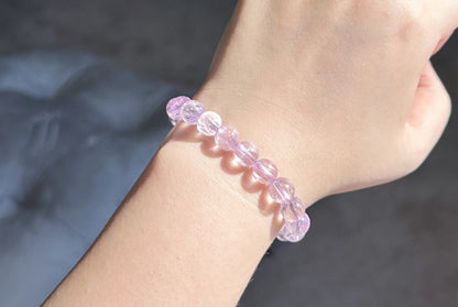 9mm+, Certified Natural High Grade Icy Transparent Cat Eye Kunzite Bracelet, Genuine Kunzite Stretch Bracelet. 天然拉丝猫眼高冰紫锂辉手串