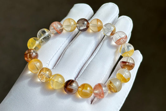 10.5mm+, Certified Natural Top Grade Yellow and Red Hematoid Quartz Bracelet, golden healer and fire quartz bracelet, 天然红黄胶花水晶手串