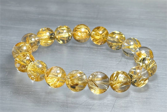 12mm, Certified Top Quality Natural Golden Rutilated Quartz with Hematite Bracelet, Superpower Ore Titanium Golden Rutilated, 天然近无棉母矿超能金钛晶手串
